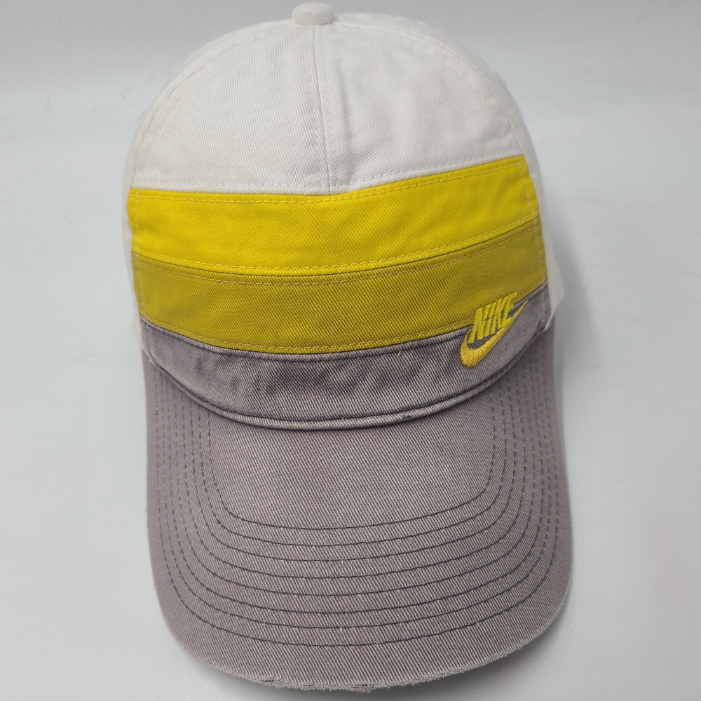 Vintage Nike Hat Strapback White Yellow Gray Swoosh Logo Casual Distressed Men